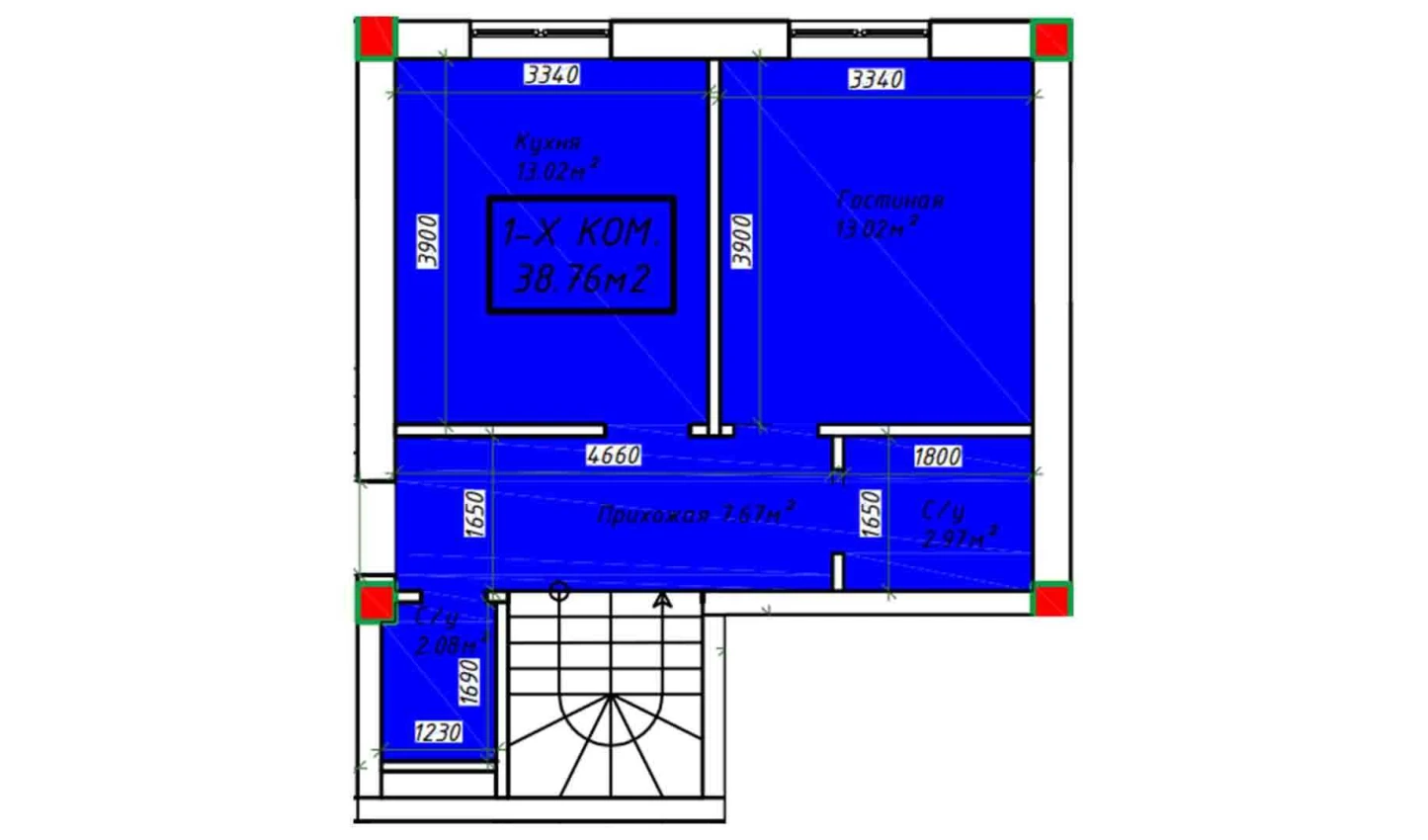 1-комнатная квартира 38.76 м²  1/1 этаж