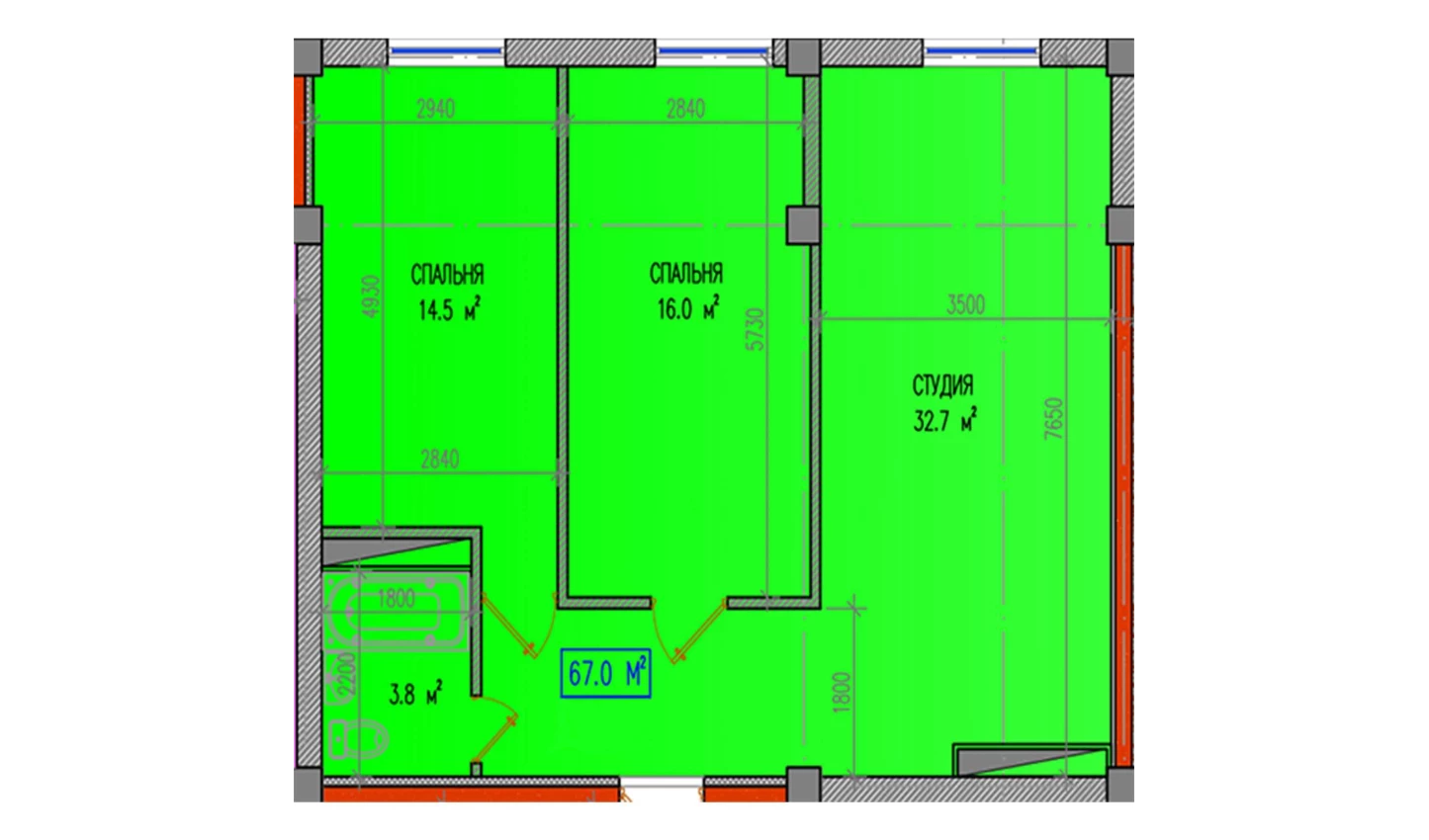 3-комнатная квартира 67 м²  4/4 этаж