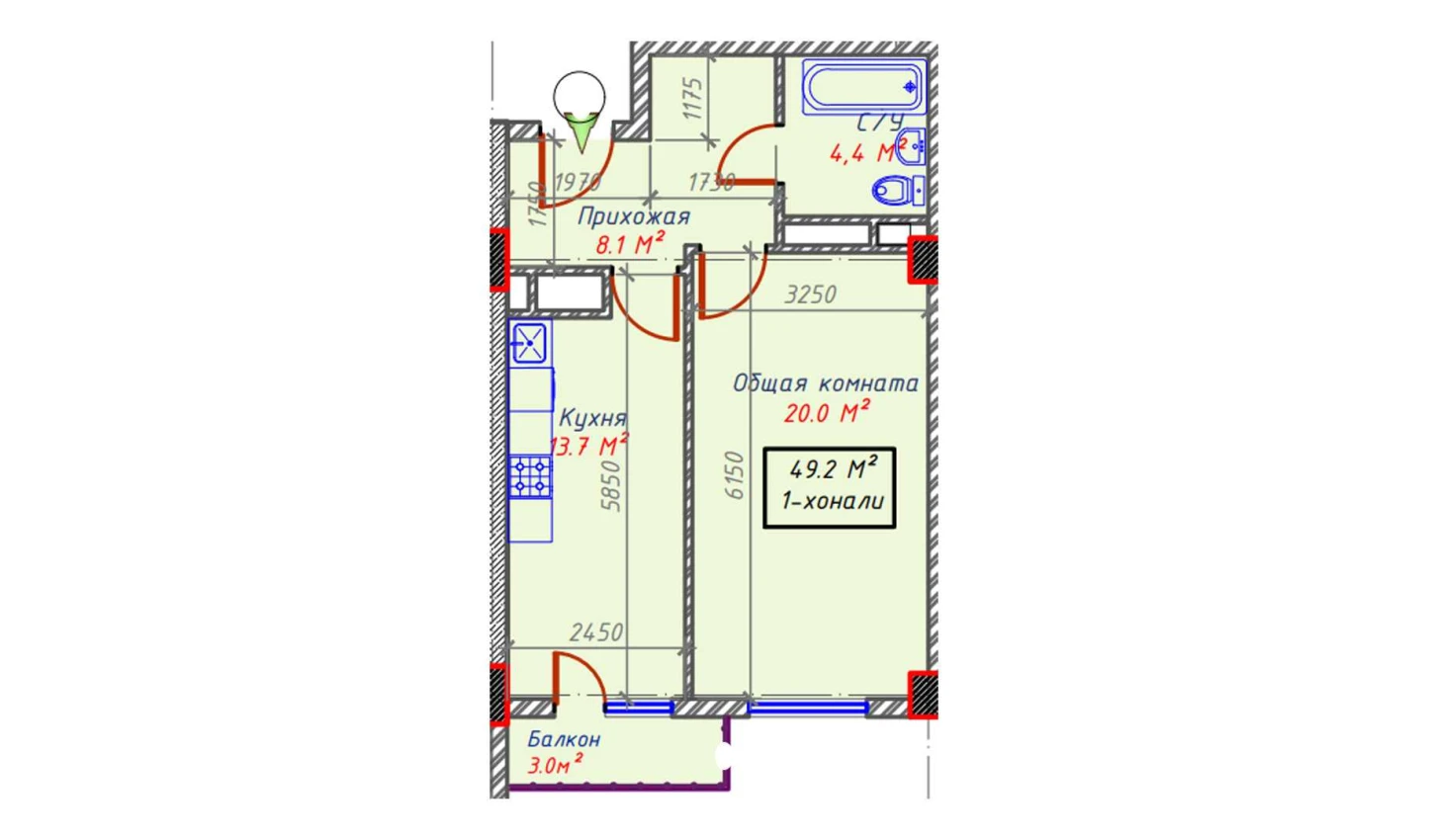 1-комнатная квартира 49.2 м²  2/2 этаж