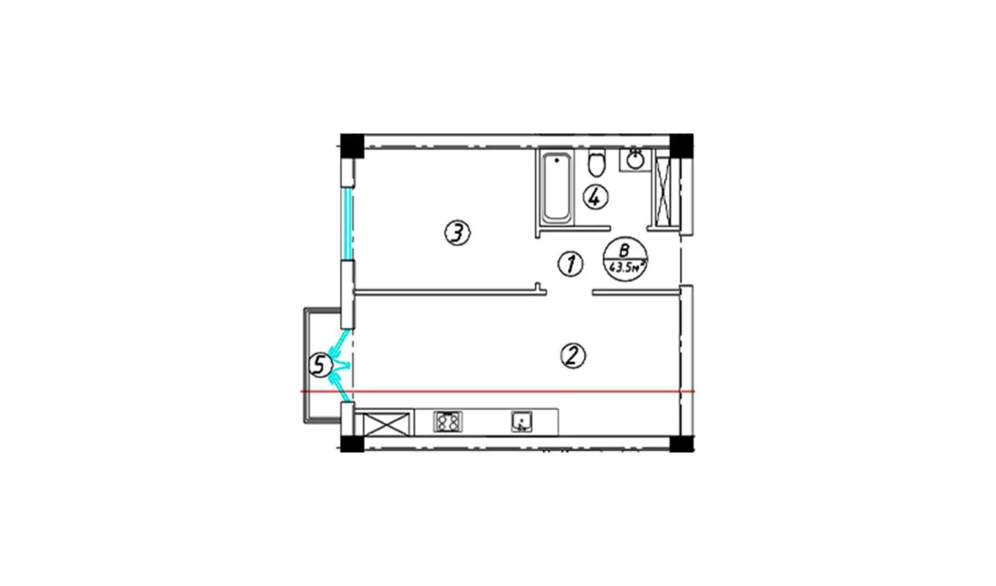 2-комнатная квартира 43.5 м²  3/3 этаж