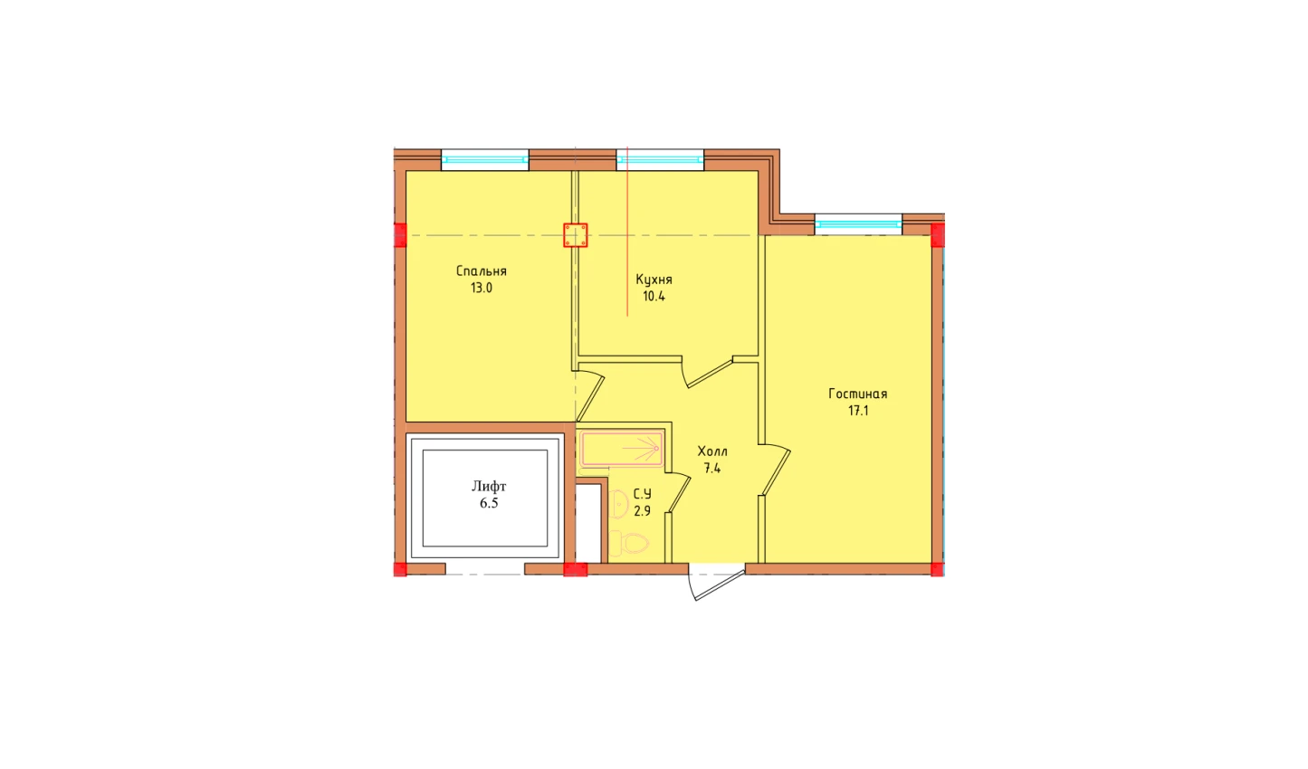 2-комнатная квартира 50.8 м²  1/1 этаж