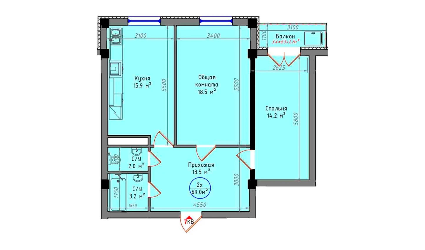 2-xonali xonadon 69 m²  3/12 qavat