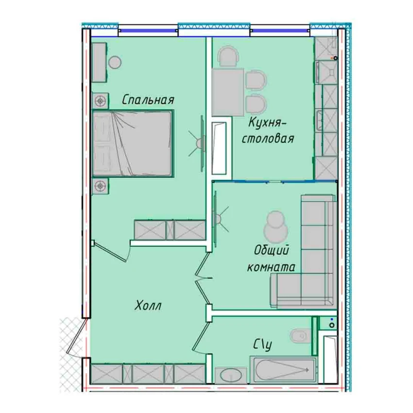 2-комнатная квартира 50.7 м²  1/1 этаж