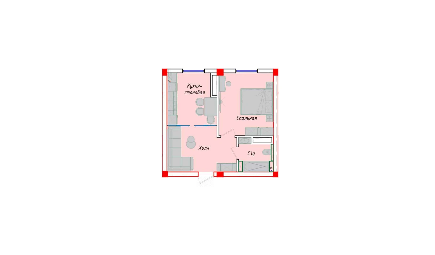 1-комнатная квартира 40.87 м²  1/1 этаж