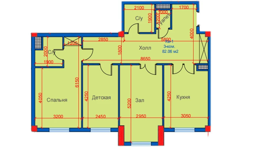 3-комнатная квартира 82.06 м²  1/1 этаж