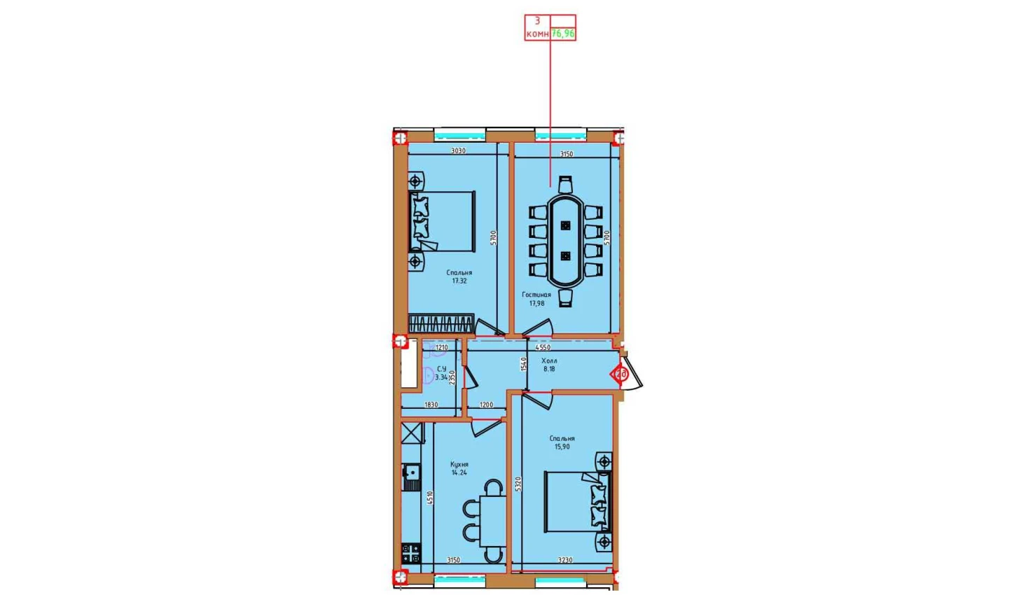 3-xonali xonadon 76.96 m²  1/1 qavat