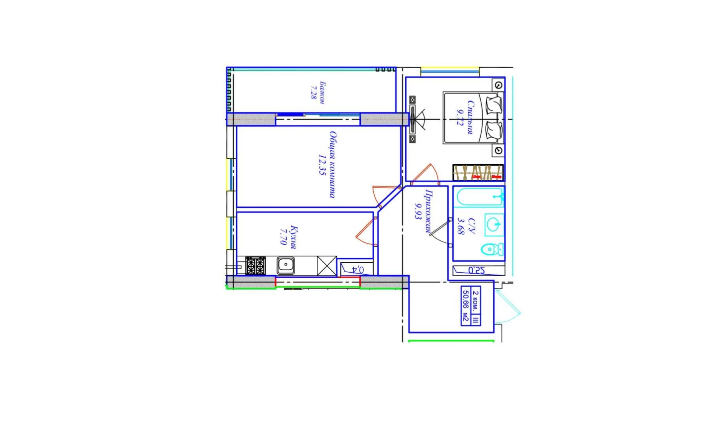 2-комнатная квартира 50.66 м²  1/1 этаж