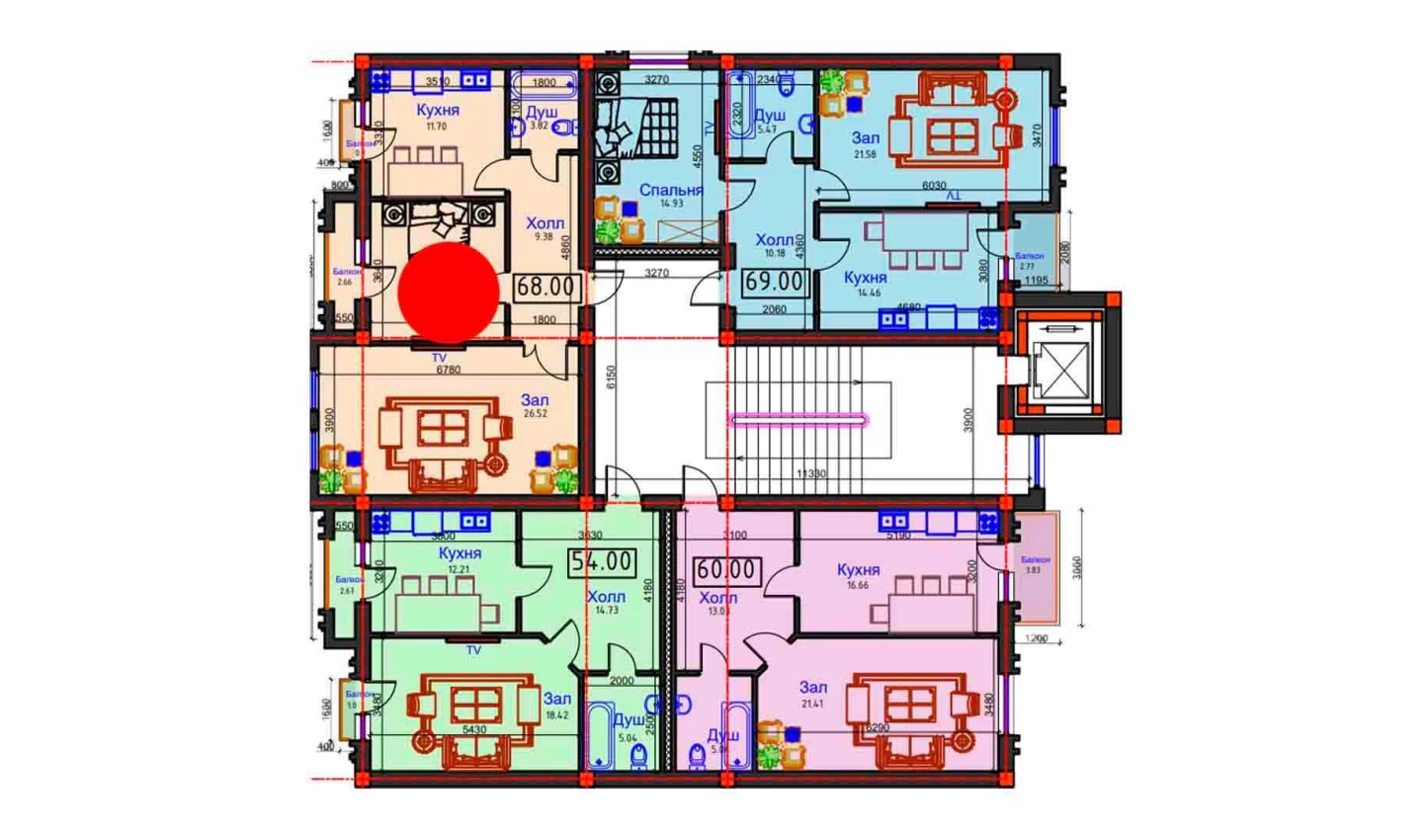 2-комнатная квартира 68 м²  5/5 этаж