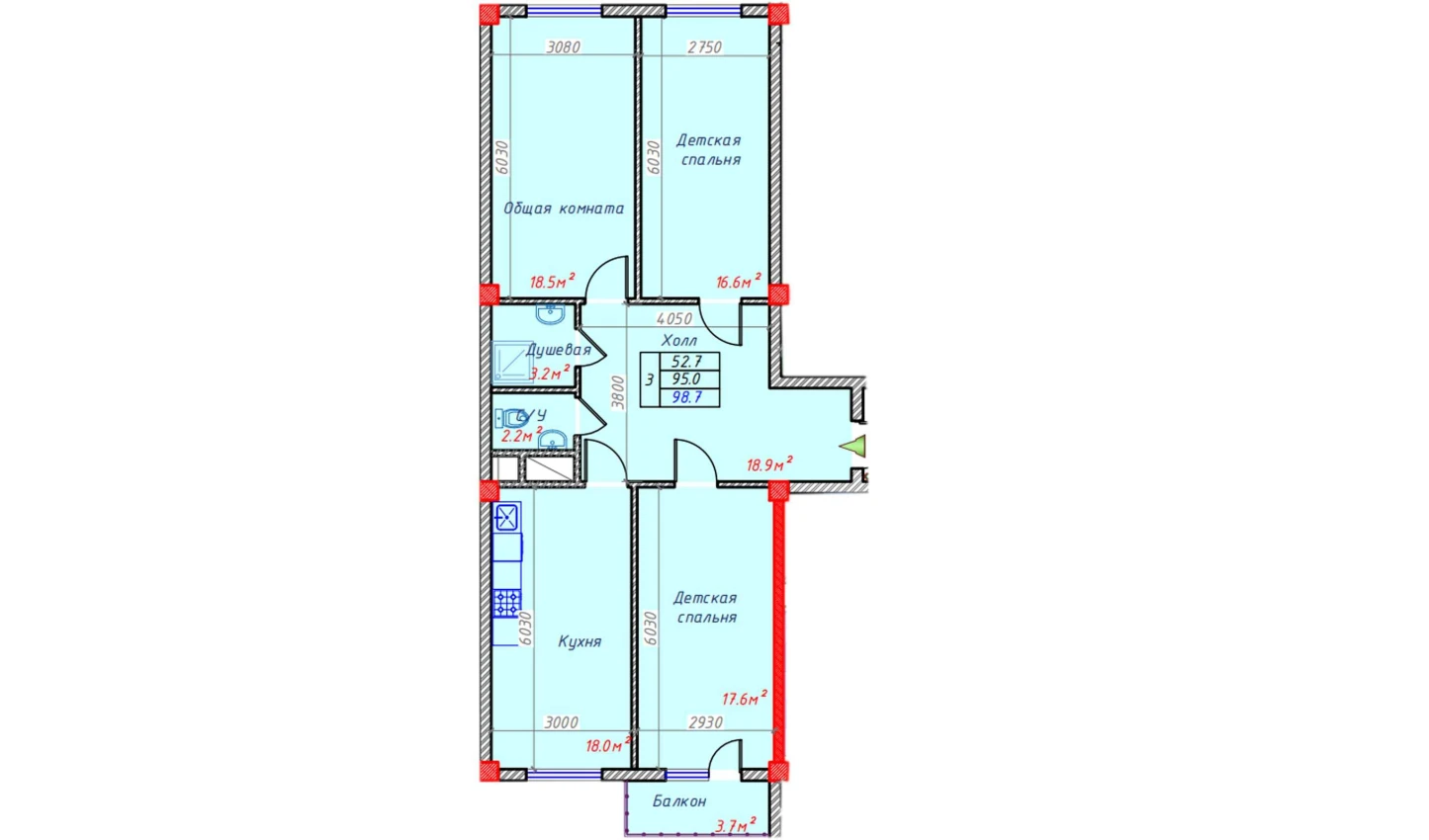 3-комнатная квартира 98.7 м²  3/3 этаж