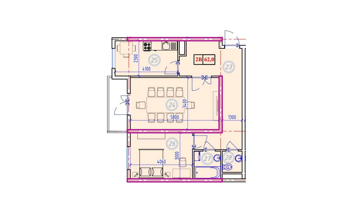 2-xonali xonadon 62 m²  9/9 qavat