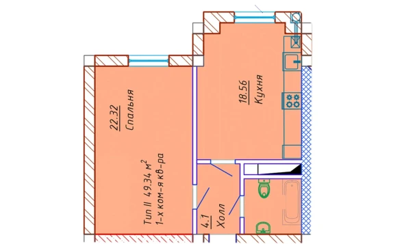 1-xonali xonadon 49.34 m²  8/10 qavat | Samarqand Park Avenue Turar-joy majmuasi