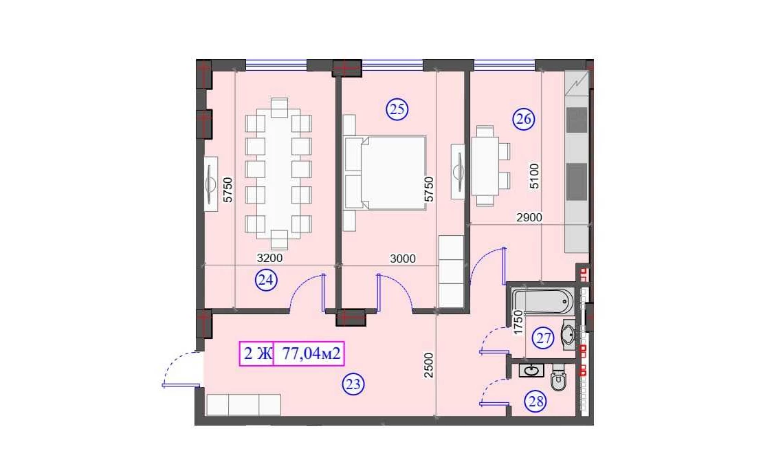 2-xonali xonadon 77.04 m²  1/1 qavat