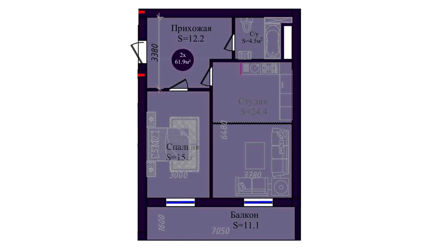 2-комнатная квартира 61.9 м²  5/5 этаж