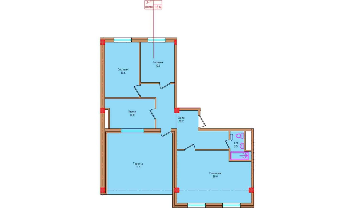 3-xonali xonadon 97.33 m²  8/8 qavat