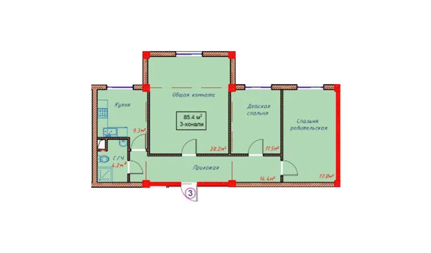 3-комнатная квартира 85.4 м²  1/10 этаж | Жилой комплекс Orzular