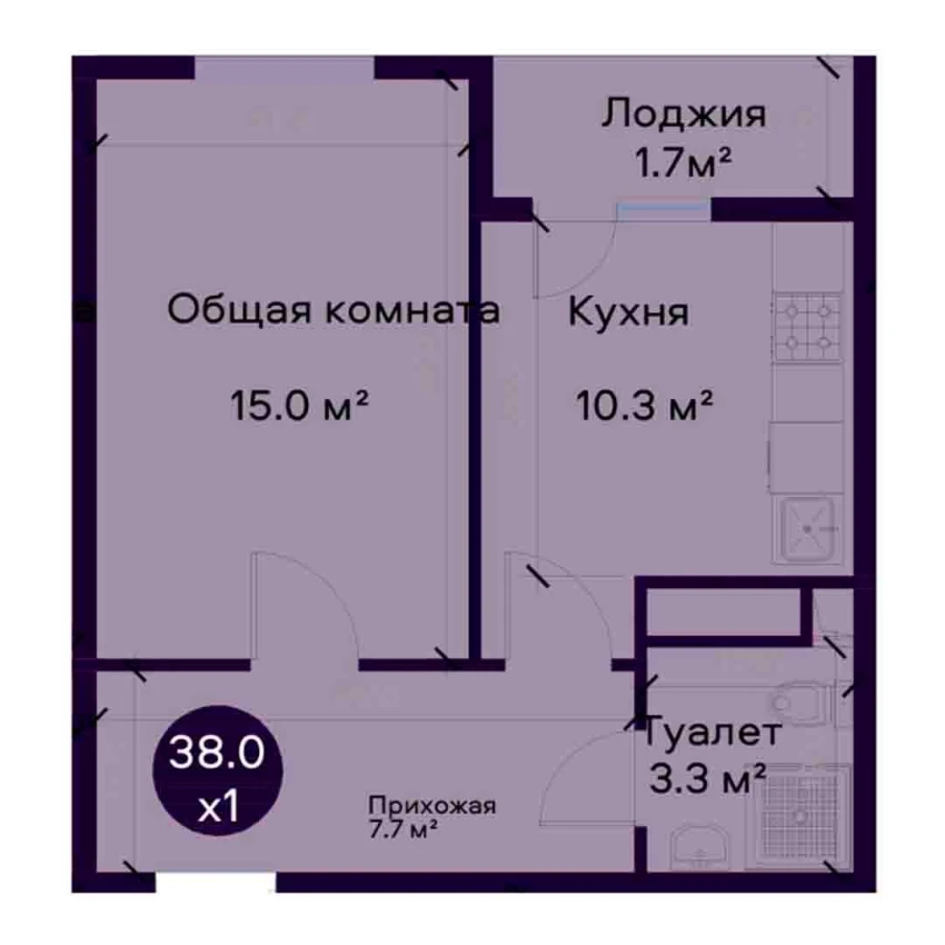 1-комнатная квартира 38 м²  7/7 этаж