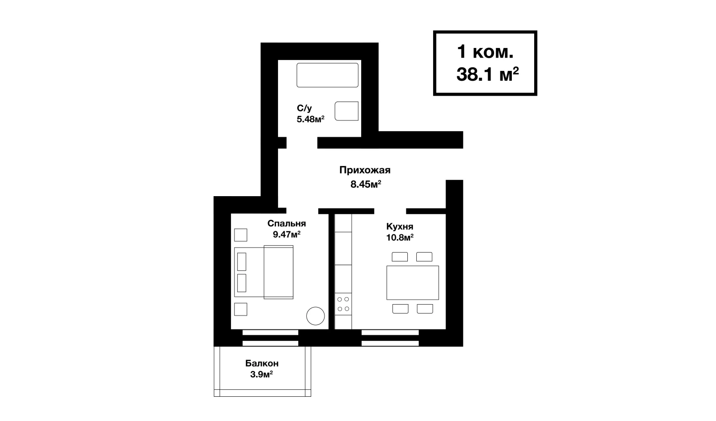 1-комнатная квартира 34.2 м²  4/4 этаж