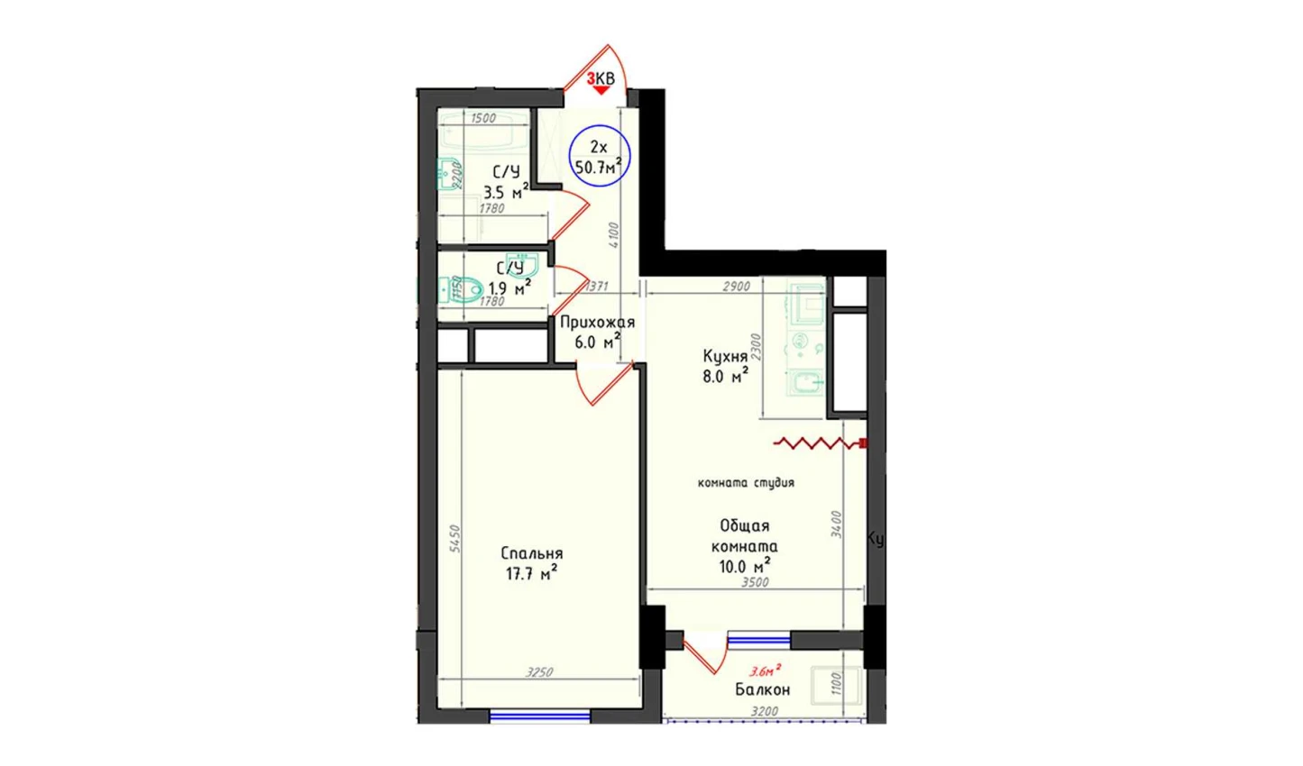 2-комнатная квартира 50.7 м²  20/20 этаж