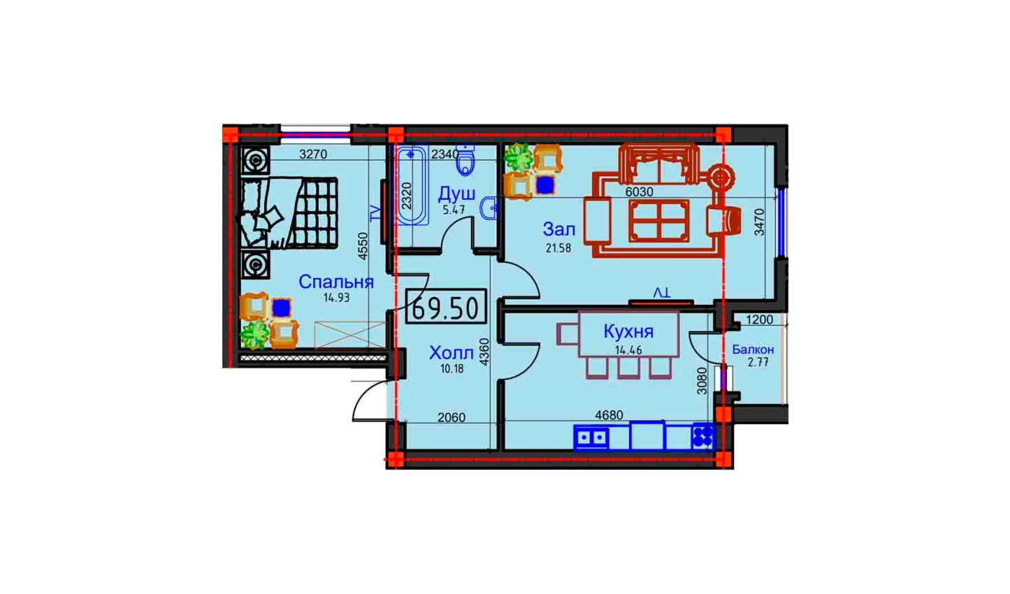 2-комнатная квартира 69.5 м²  2/2 этаж