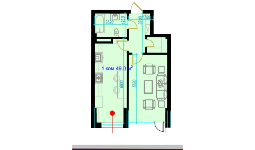 1-комнатная квартира 48.4 м²  1/1 этаж