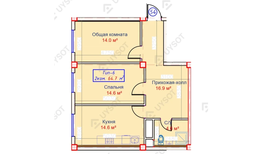 2-комнатная квартира 64.7 м²  2/9 этаж | Жилой комплекс QASHQADARYO