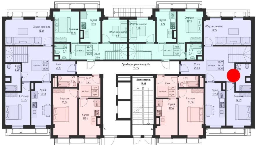 2-комнатная квартира 71.26 м²  1/1 этаж