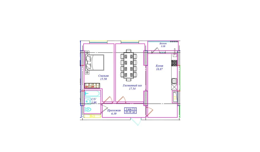 2-комнатная квартира 65.38 м²  7/16 этаж | Жилой комплекс UCHTEPA CITY