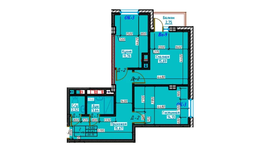 2-комнатная квартира 66.1 м²  2/13 этаж | Жилой комплекс Bog'dod City