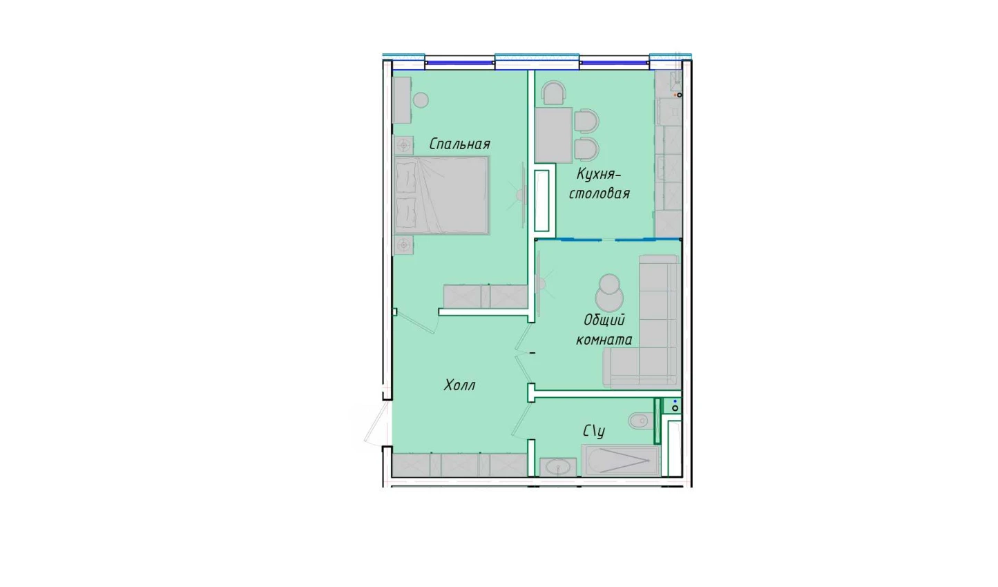 2-комнатная квартира 50.85 м²  1/1 этаж