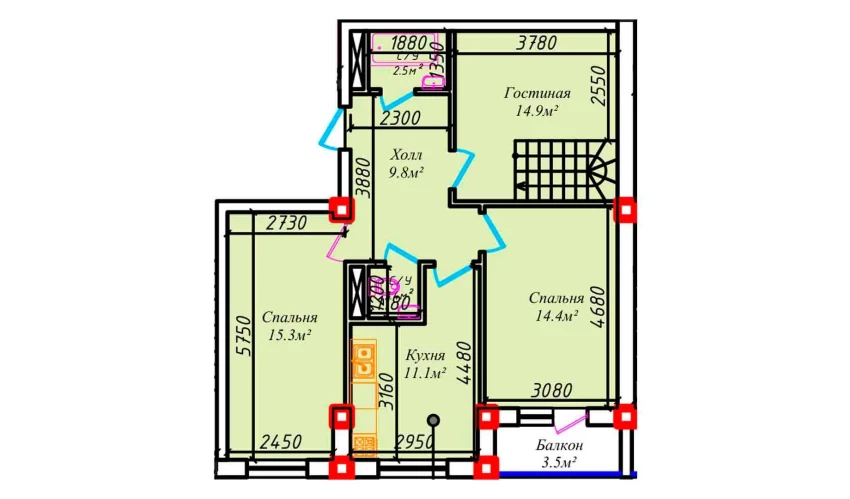 3-xonali xonadon 76.4 m²  5/5 qavat