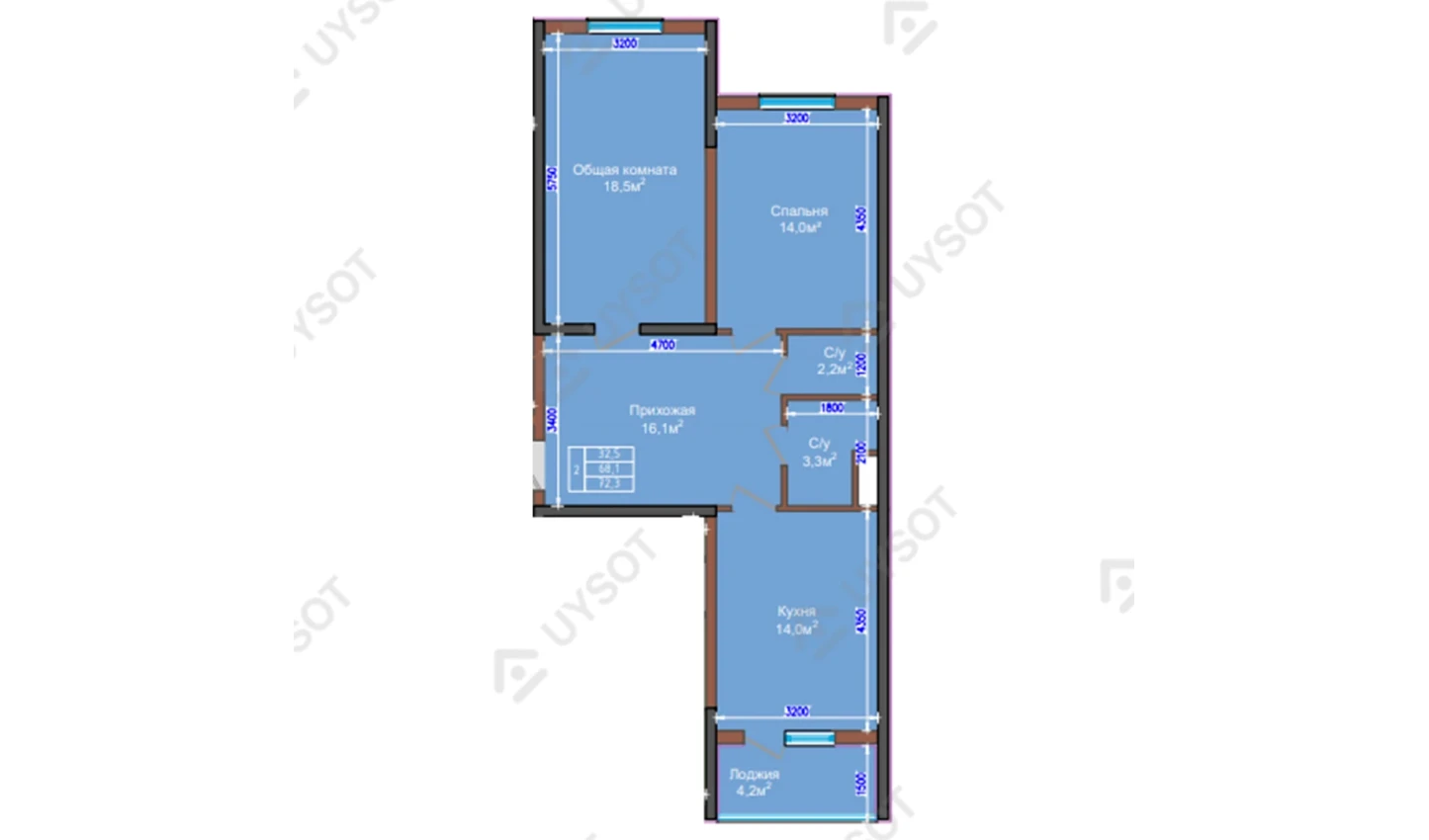 2-xonali xonadon 72.3 m²  2/2 qavat