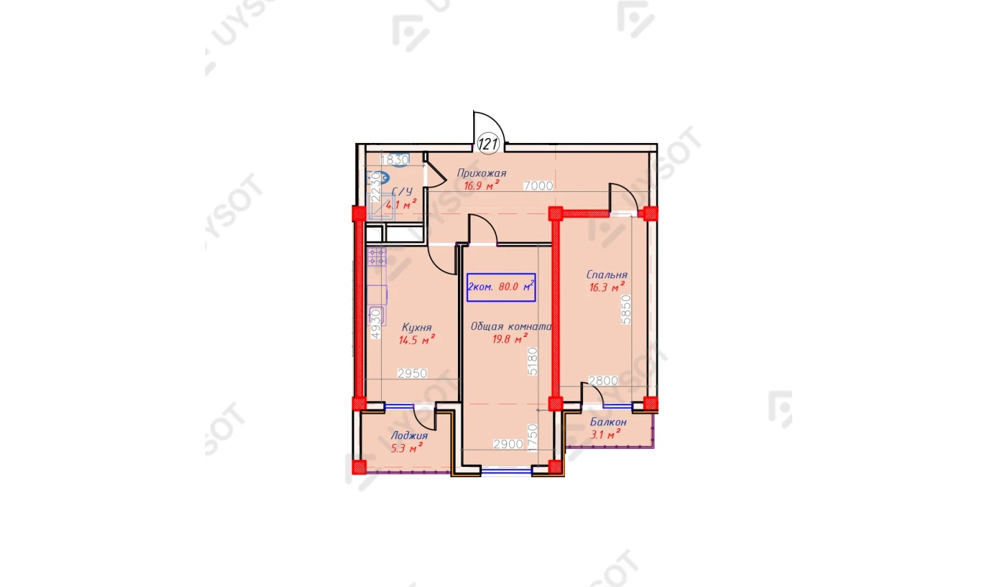 2-xonali xonadon 80 m²  3/3 qavat