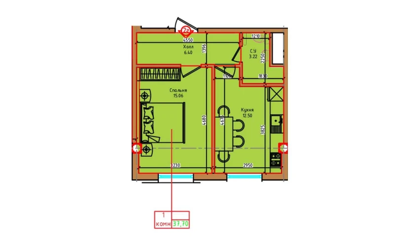 1-xonali xonadon 37.7 m²  6/6 qavat