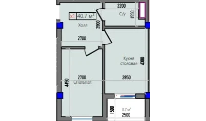 1-комнатная квартира 40.7 м²  6/6 этаж