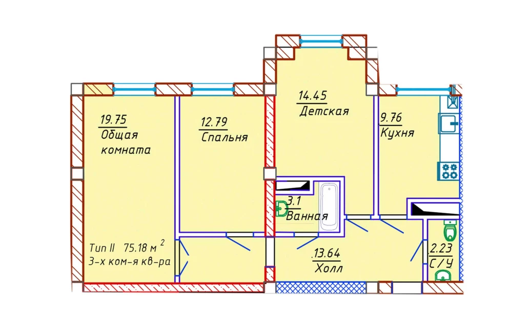 3-комнатная квартира 75.18 м²  9/9 этаж