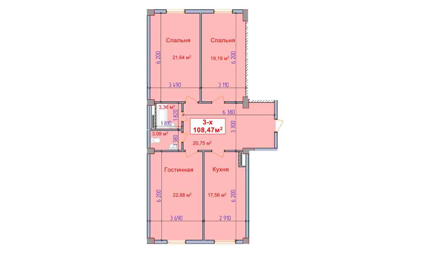 3-комнатная квартира 108.47 м²  1/1 этаж