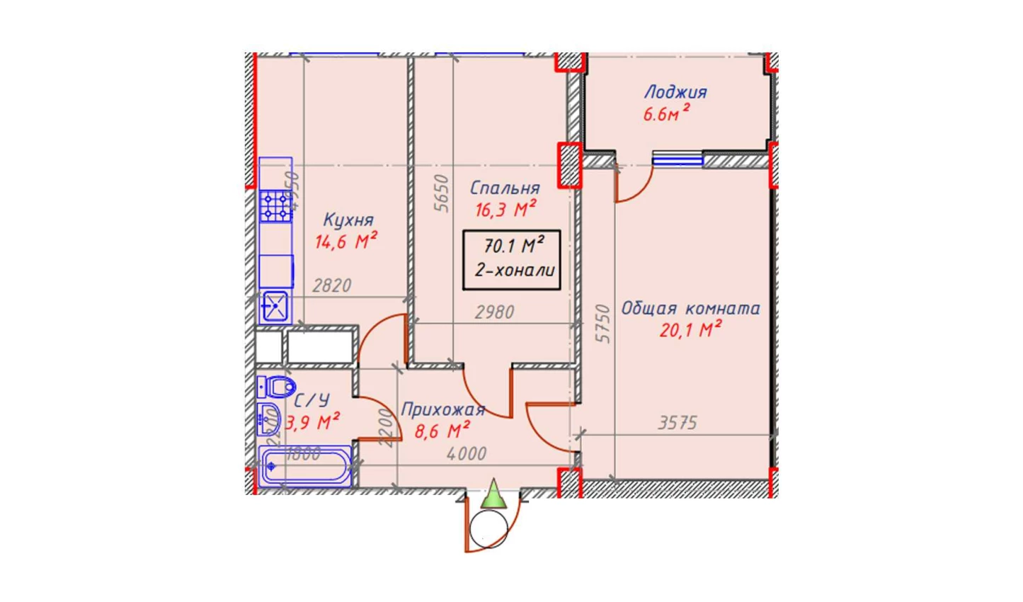 2-xonali xonadon 70.1 m²  15/15 qavat