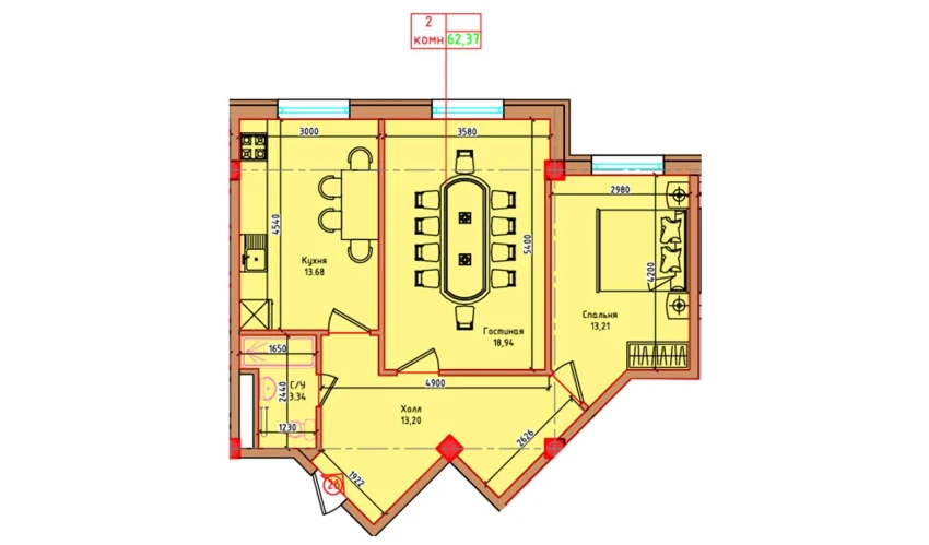 2-комнатная квартира 62.37 м²  8/8 этаж | Жилой комплекс "Markaz"