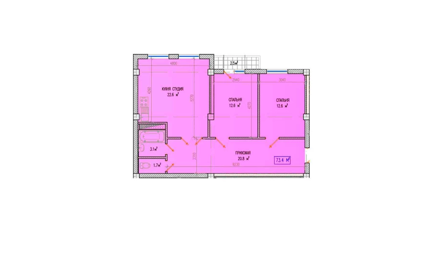 3-комнатная квартира 75.9 м²  6/6 этаж