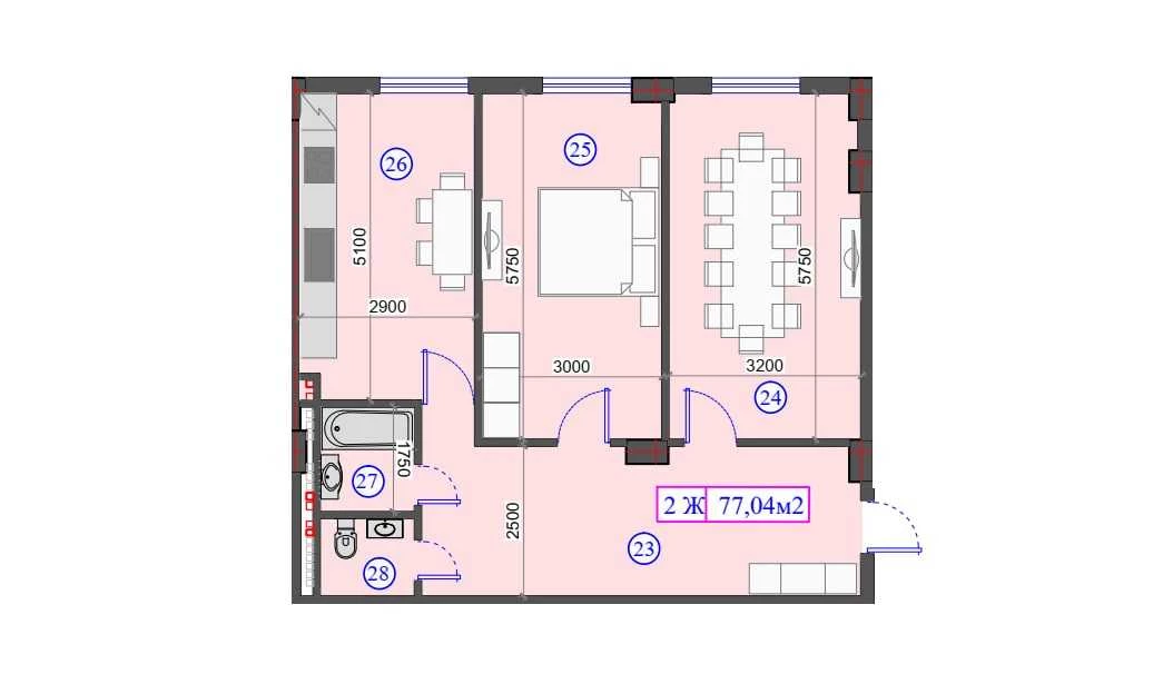 2-комнатная квартира 77.04 м²  1/1 этаж