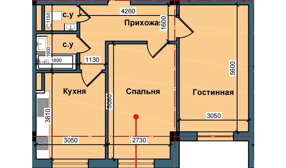 2-комнатная квартира 53.7 м²  1/1 этаж