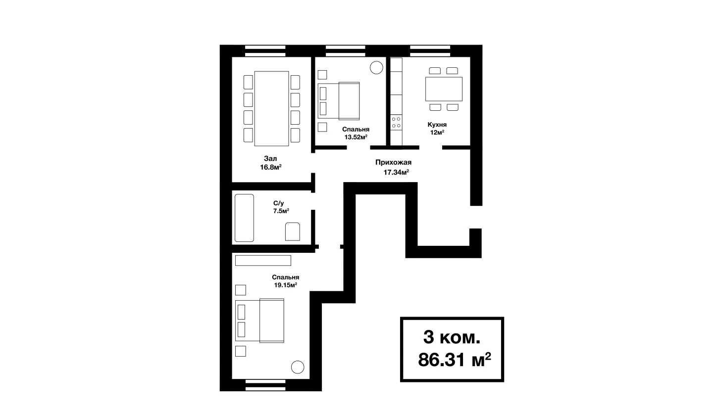 3-xonali xonadon 86.31 m²  1/1 qavat