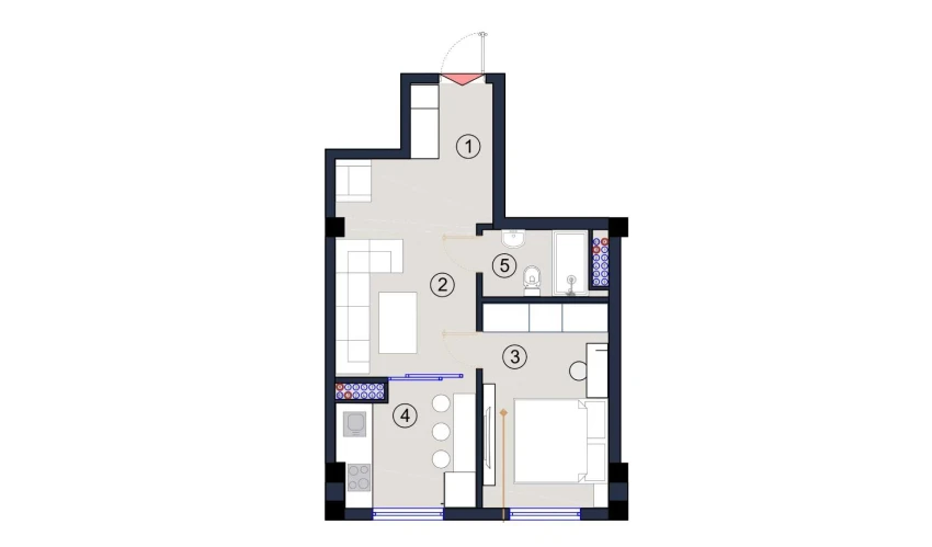 1-xonali xonadon 41.5 m²  2/9 qavat | FLORYA RESIDENCE Turar-joy majmuasi