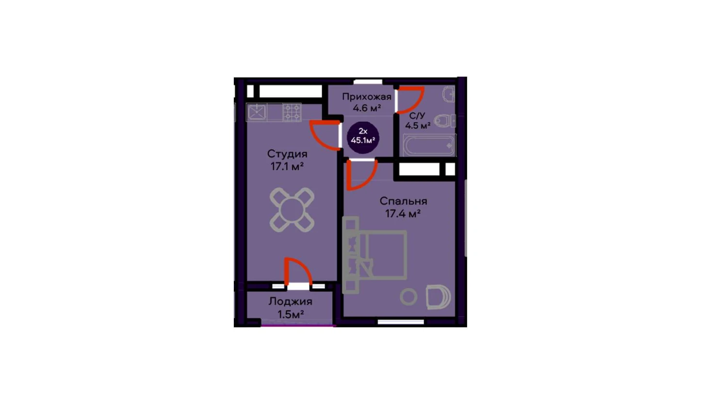 2-комнатная квартира 45.1 м²  4/4 этаж