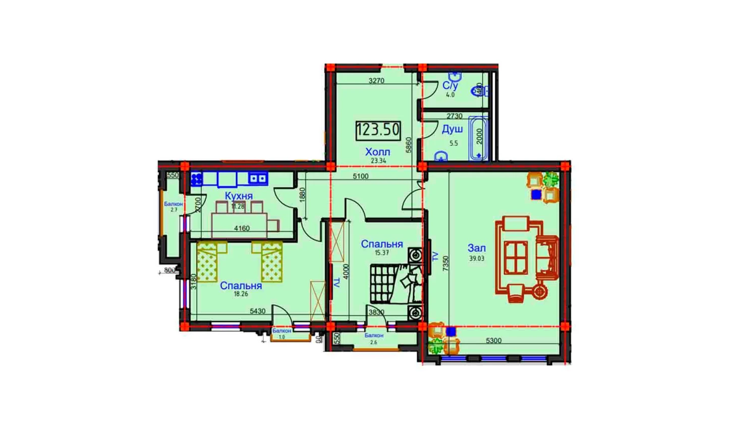 3-xonali xonadon 123.5 m²  7/7 qavat