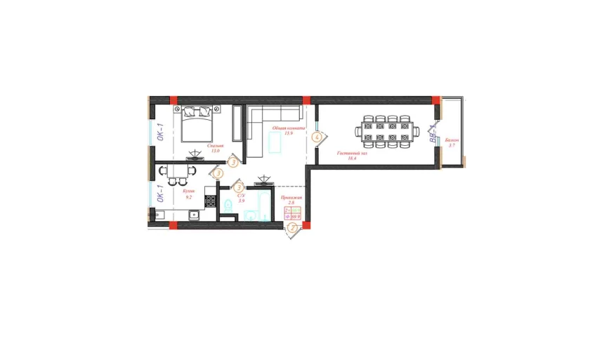 2-комнатная квартира 69.9 м²  3/12 этаж | Жилой комплекс CHINARA PARK