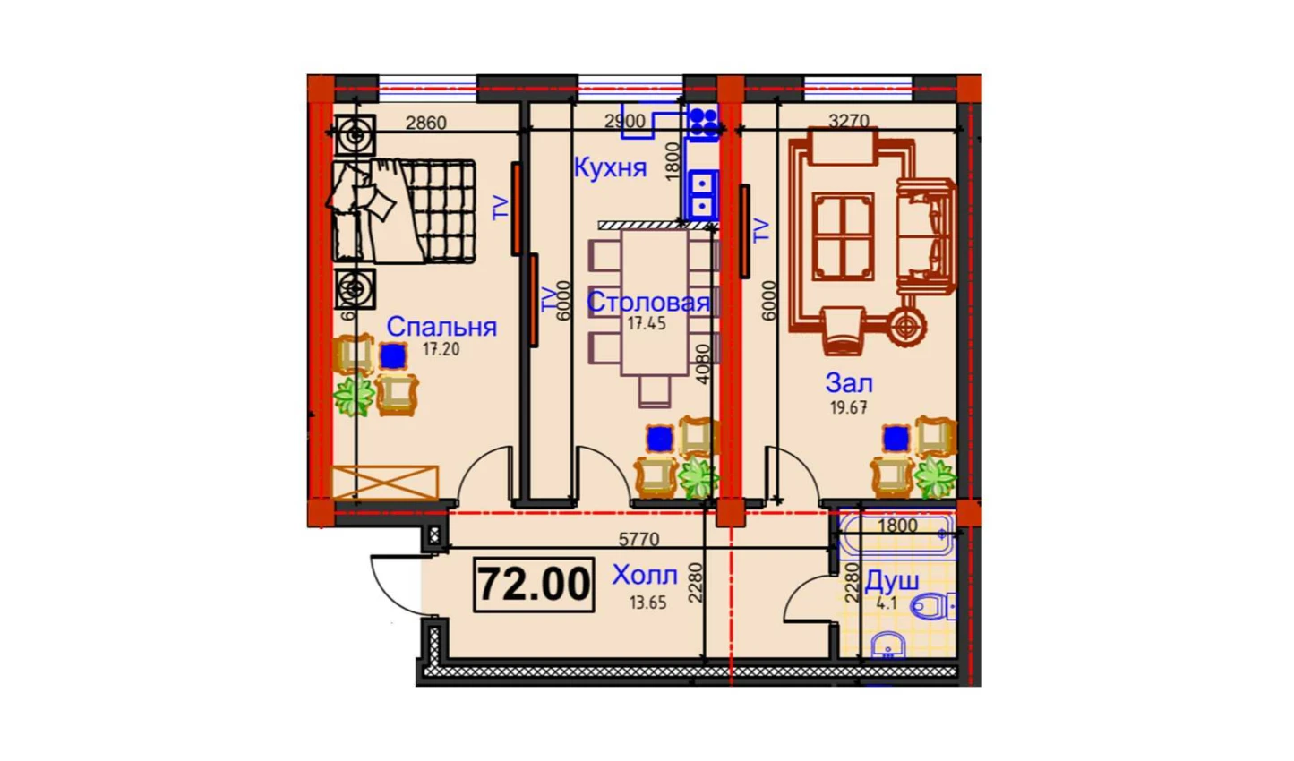 2-комнатная квартира 72 м²  1/1 этаж