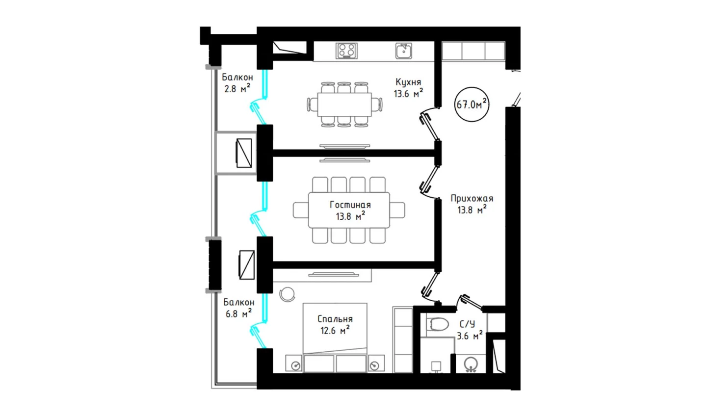 2-xonali xonadon 67 m²  7/7 qavat