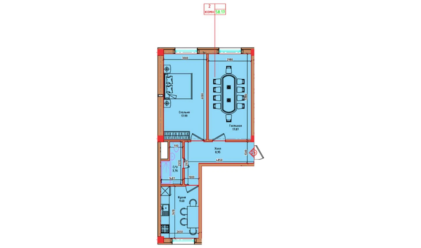 2-xonali xonadon 58.17 m²  1/1 qavat