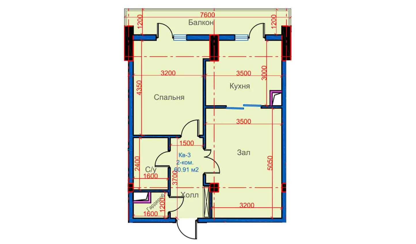 2-комнатная квартира 60.91 м²  10/10 этаж